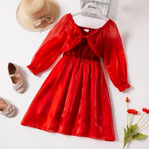 Kid Girl V Neck Bowknot Design Ruffle-sleeve Party Mesh Red Dress